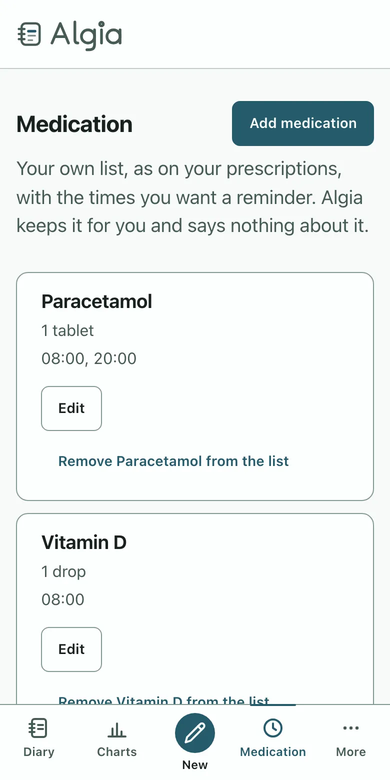 The medication screen: a personal list with the times a reminder is sent. Shown on a phone.