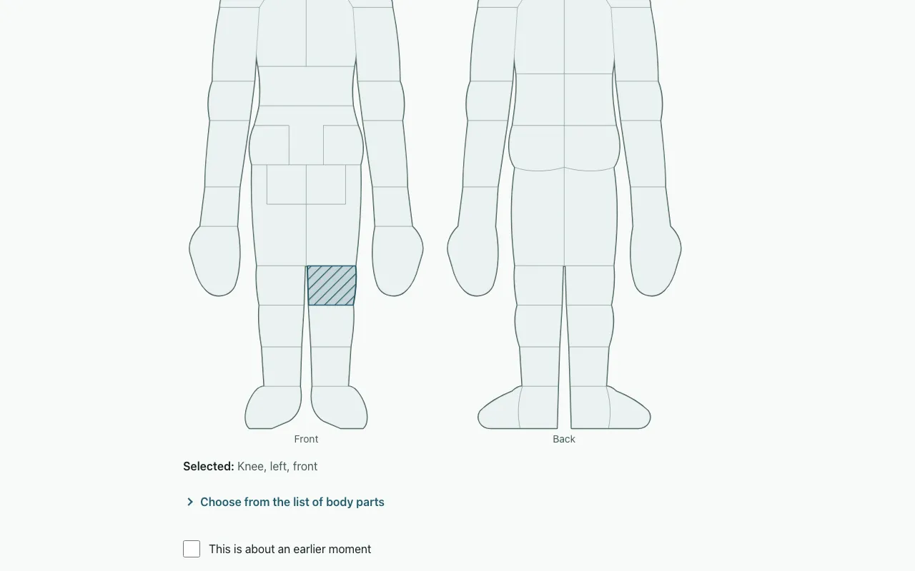 The quick entry screen: a score from 0 to 10 and a body map with one region marked. Shown on a laptop.