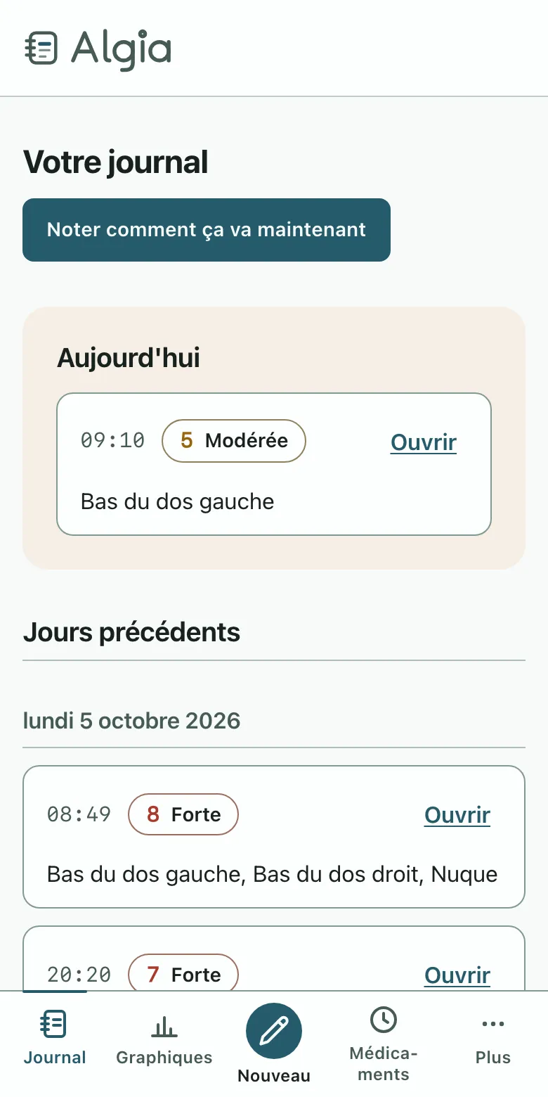 Le journal dans Algia : une liste de jours, chacun avec ses notes, son score et ses régions du corps. Sur un téléphone.