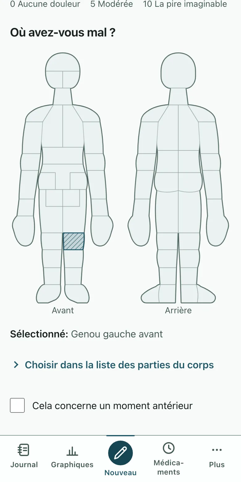 L'écran de note rapide : un score de 0 à 10 et une carte du corps avec une région marquée. Sur un téléphone.