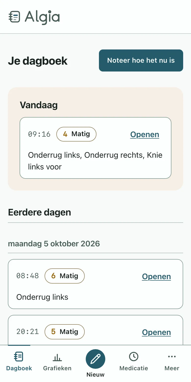 Het dagboek in Algia: een lijst van dagen, elk met zijn notities, score en lichaamsdelen. Op een telefoon.