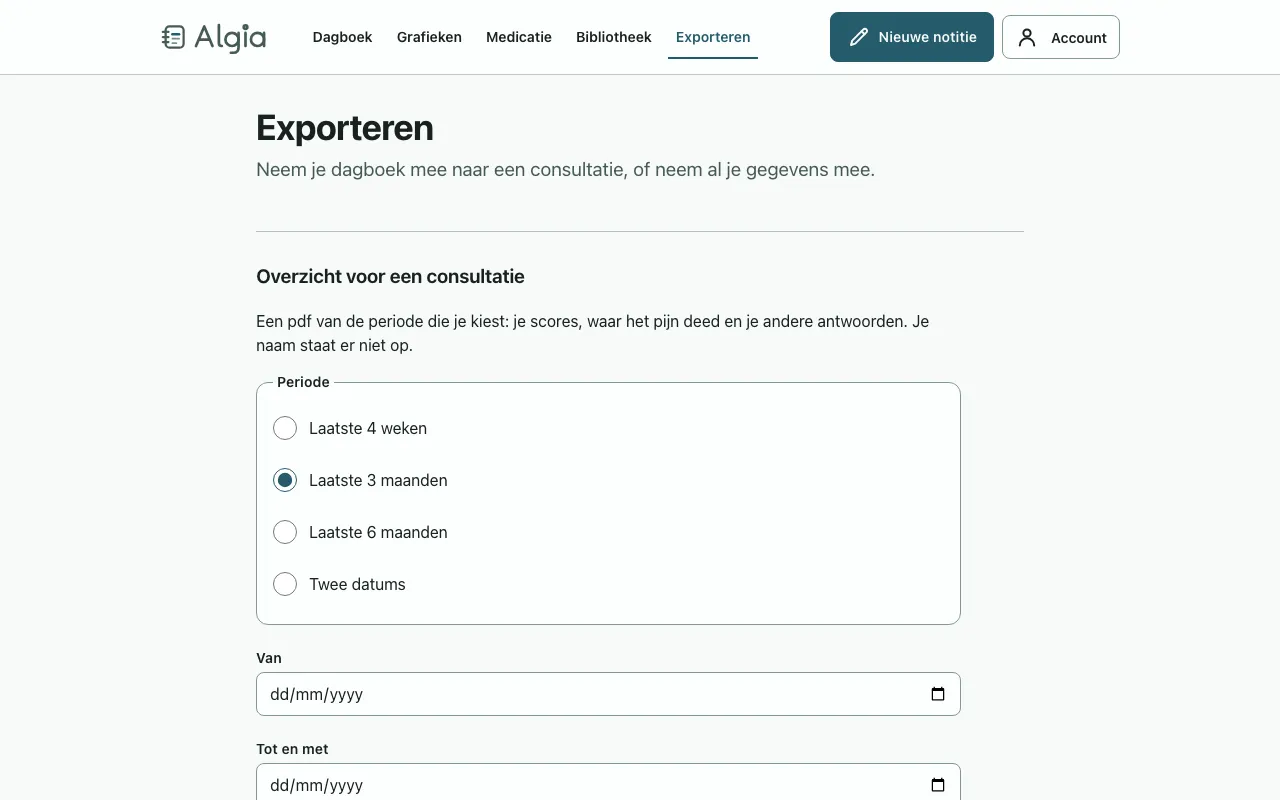 Het exportscherm: een overzicht voor een consult over een gekozen periode, en de volledige export. Op een laptop.