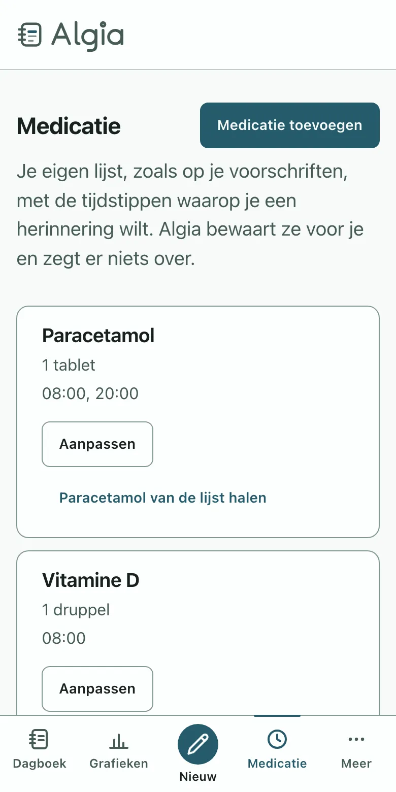 Het medicatiescherm: een persoonlijke lijst met de tijdstippen waarop een herinnering komt. Op een telefoon.