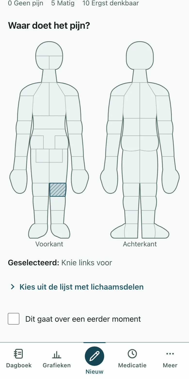 Het scherm voor een snelle notitie: een score van 0 tot 10 en een lichaamskaart met één plek aangeduid. Op een telefoon.